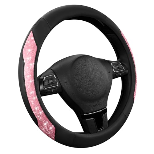 PIC AUTO Steering Wheel Cover, Hot Pink Sparkly Crystal Bling Glitter with Leather, Universal Fit 14.5"-15.5" Car Steering Wheels for Girls & Women, Anti-Slip Wheels Cover for Cars, Trucks, Van, SUVs - color: Hot Pink Glitter