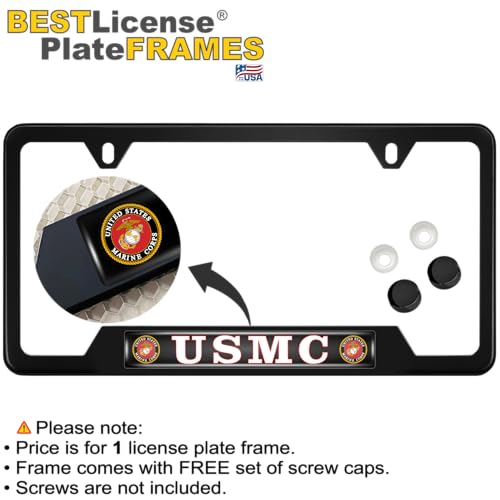 [Officially Licensed Product] - Stainless Steel Matte Black CAR 2-Hole Standard Size - Domed Custom-Made Corrosion-Resistant License Plate Frame with USMC Semper Fidelis Design & Free caps - (Qty: 1) - size: USMC