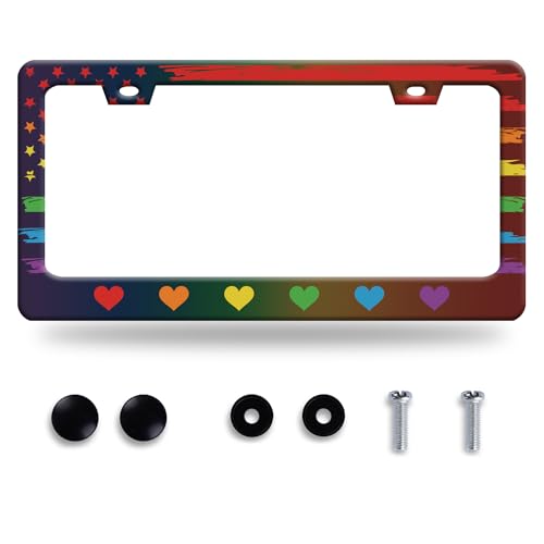 Rainbow Heart License Plate Frame Gay Pride LGBT License Plate Frames Stainless Steel Accessories Cars Decor with 2 Holes and Screws Fits Standard US CA Vehicles Size 12.2 x 6 Inches - color: Rainbow America Flag