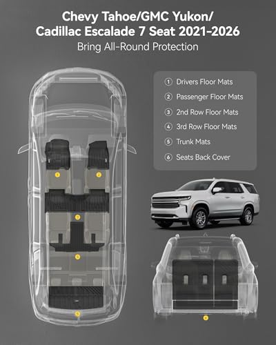3W Floor Mats & Cargo Liner & Seat Back Mats for 2021-2026 (Only 7 Seats) Chevrolet Chevy Tahoe/GMC Yukon (Not Fit Yukon XL)/Cadillac Escalade (Not Fit Escalade ESV),All Weather Full Set Car Mats - size: Chevy Tahoe 7s 21-26 Full Set