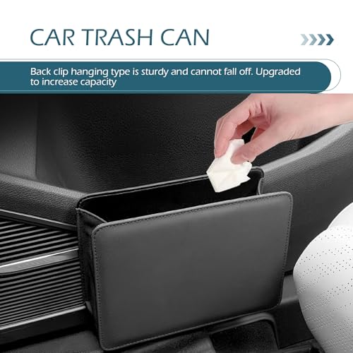 Car Trash Can, Leather Vehicle Trash Bin with 1 Roll Trash Bag, Mini Foldable Seat Back Hanging Storage Bag Container, Waterproof Car Door Storage Box, Universal for Most Cars (Black)