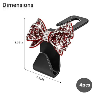Zpana Bling Car Headreat Hook, 2PCS Crystal Rhinestone Cute Bow Vehicle Seat Back Hanger Storage for Purses Bags Grocery, Diamond Auto Rear Seat Organizer, Universal for SUV Truck Sedan (Red) - style: Red/4PCS