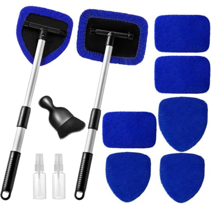 Qydipclin 11pcs Windshield Cleaner Tool, Car Window Cleaning Wash Kit with 6 Reusable Microfiber Pads 2 Spray Bottles and Extendable Handles Auto Glass Wiper Kit, Blue - color: Blue