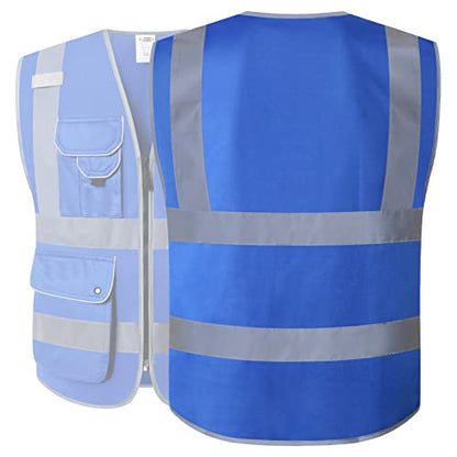 JKSafety 9 Pockets High Visibility Zipper Front Safety Vest With Reflective Strips Meets ANSI/ISEA Standard (150Blue-M) - color: Blue, size: Medium