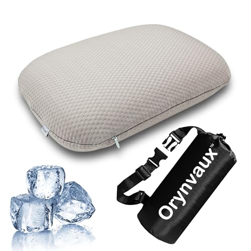 Cooling Camping Pillow, Memory Foam Travel Pillow with Adjustable Buckle Strap & Storage Bag, Compact Small Pillow for Airplane, Car Lumbar, Office, Washable Cooling Cover, Dusk Grey - color: Dusk Grey, size: S-14.9*10.2*3.6in