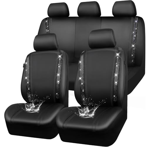 CAR PASS Leather Bling Diamond Car Seat Covers Full Set, Shining Rhinestone Waterproof Durable Rear with Zipper, Universal Fit Automotive Glitter Crystal Sparkle Strip for Cute Women Girly Black - color: Black Diamond, size: Full Set