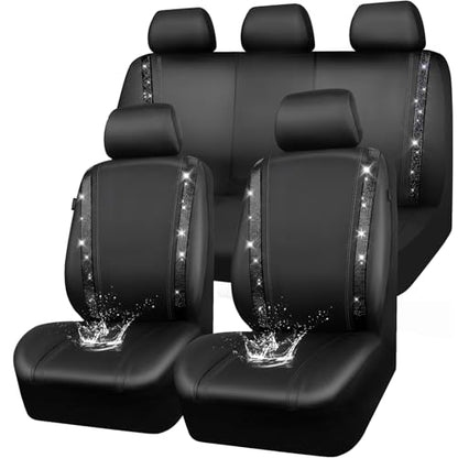 CAR PASS Leather Bling Diamond Car Seat Covers Full Set, Shining Rhinestone Waterproof Durable Rear with Zipper, Universal Fit Automotive Glitter Crystal Sparkle Strip for Cute Women Girly Black - color: Black Diamond, size: Full Set