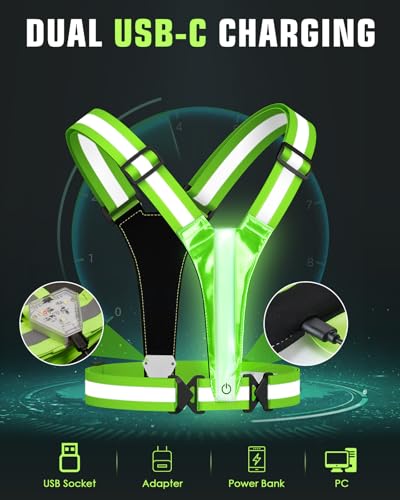 Zacro LED Reflective Vest with Chest Light 500LM, 5 RGB Colors High Visibility Rechargeable Light Up Running Vest IPX4 Night Safety Running Gear for Dog Walking, Cycling, Adjustable for Men Women Kids - color: Green