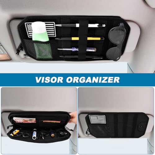 Car Sun Visor Organizer with Zipper Storage Pouch & Glasses Clip – Semi-Rigid MOLLE Panel with Patch – Universal Fit for Vehicles, SUVs, Trucks(Black)