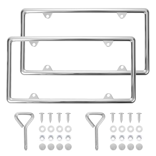 Chrome License Plate Frames Made of Zinc Alloy Metal, Universal Car Accessories,2Pack Front & Rear License Plate Holders Never Rust and Unbreakable with All Mounting Hardware Included - color: 2 PCS