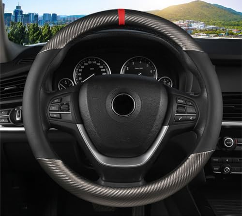 KAFEEK Classic Carbon Fiber Steering Wheel Cover, Universal 15 inch, Breathable Microfiber Leather, Gray - color: Gray, size: Standard Size[14.5"-15"]