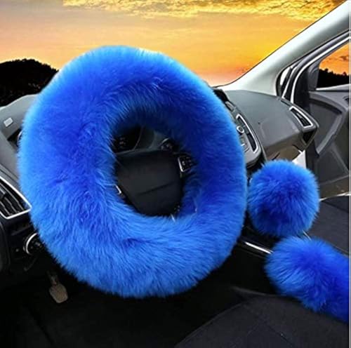 Yontree Fashion Fluffy Steering Wheel Covers for Women/Girls/Ladies Australia Pure Wool 15 Inch 1 Set 3 Pcs (Blue) - color: Blue, size: Long Wool