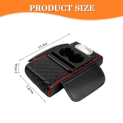 Car Armrest Cushion, 5-in-1 Nappa Leather Vehicle Centre Console Cover with 2 Storage Pockets, Cup Phone & Phone Holder, Multifunctional Auto Organiser Accessories, Universal Fit (Black/Red) - color: Black/Red