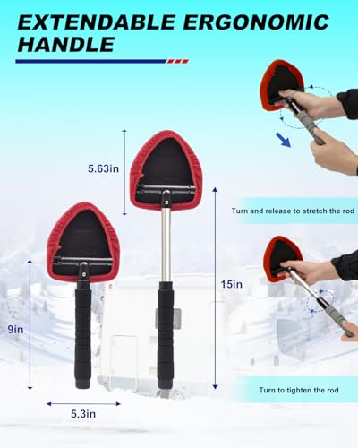 Windshield Cleaning Tool, Car Cleaner Tool with Inside Extendable Handle, Window Cleaner Brush Kit Auto Glass Wiper for Windshield with 2 Microfiber Towel Pads Home Windows, Trucks, SUV & RV - color: Red