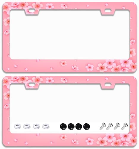 2 Pcs Pink Cherry Blossom License Plate Frames - 2 Holes Stainless Steel Metal Auto Car Accessories Decoration License Plate Frame Cover Size 6.3" x 12.2" Fit US Vehicles for Women Men Gift - color: Pink Cherry Blossom