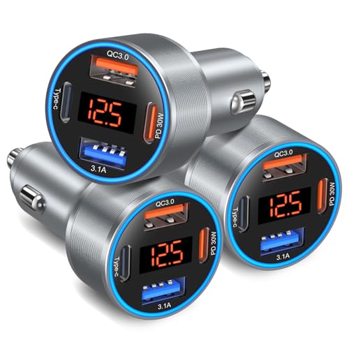 USB C Car Charger with Voltage Display, 3 Pack 65W Super Fast Charging Car Phone Charger Dual USB-A & USBC Cargador Carro Cigarette Lighter Adapter Volt Meter for iPhone,Samsung,Tablet,Android-Gray - color: Gray, size: 3-Pack