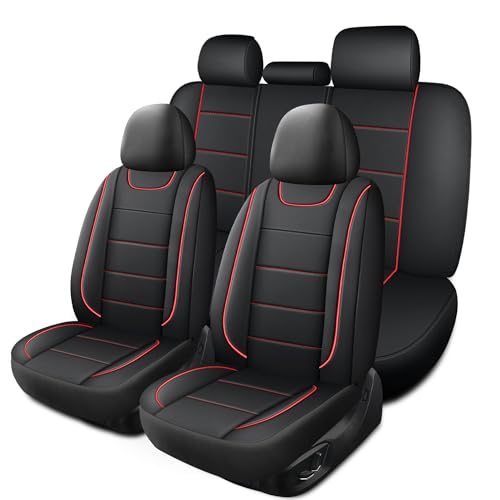 HChengkikz Car Seat Covers, Quilting Leather Seat Covers Full Set, Waterproof Faux Leather Automotive Seat Covers for Cars, Universal Car Seat Protectors Fit for Suvs, Trucks, Airbag Compatible - color: N4 Black+Red, size: Complete Set (Front + Rear)