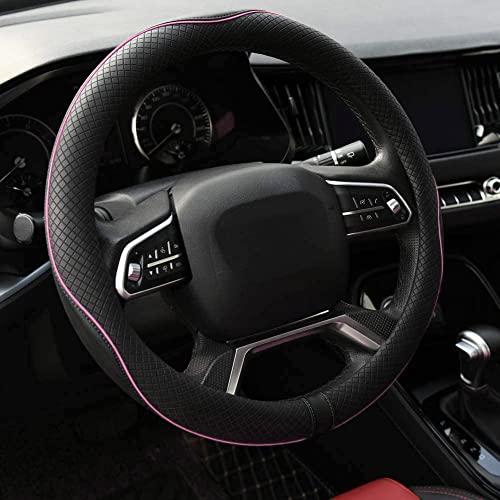 Rueesh Microfiber Leather Steering Wheel Cover Anti-Slip Matte Finish Auto Car Wheel Cover Universal 15 Inch Wheel Cover for Car Embossing Pattern (Pink Line) - color: Pink Line