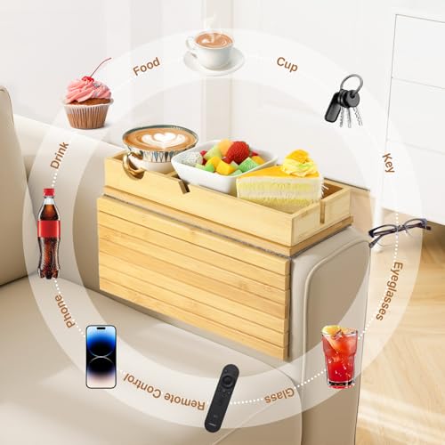 Luxspire Couch Armrest Table, 2-in-1 Magnetic Detachable Sofa Arm Tray with Cup Holder and Phone Holder, Foldable Bamboo Couch Cup Holder for Remote Controls, Phones, Snacks, Cups, Burlywood - color: Burlywood