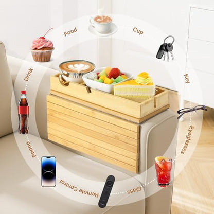 Luxspire Couch Armrest Table, 2-in-1 Magnetic Detachable Sofa Arm Tray with Cup Holder and Phone Holder, Foldable Bamboo Couch Cup Holder for Remote Controls, Phones, Snacks, Cups, Burlywood - color: Burlywood