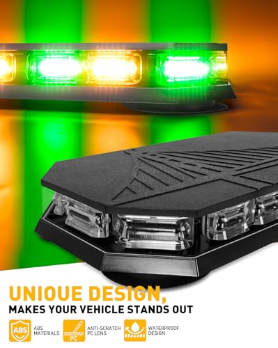 HLauto 406D Rooftop Emergency Strobe Lights Bar, 102 LED Amber Green Mini Beacon Safety Flashing Warning Traffic Lights Bar w/Magnetic Base for 12-24V Trucks, Construction Vehicles, Snowplow, Cars - color: Amber/Green