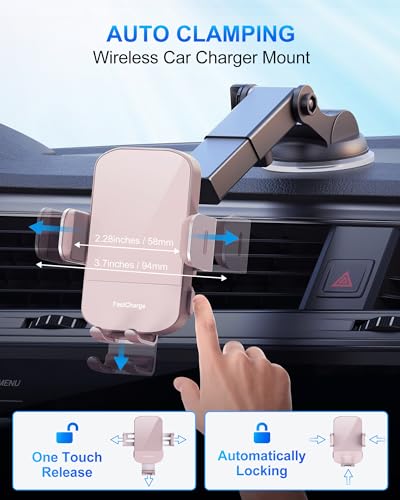 CHGeek Wireless Car Charger, 15W Fast Charging Auto Clamping Car Charger Phone Mount Phone Holder fit for iPhone 15 14 13 12 11 Pro Max Xs, Samsung Galaxy S24 Ultra S23 S22 S21, S20, S10+, Pink - color: Pink
