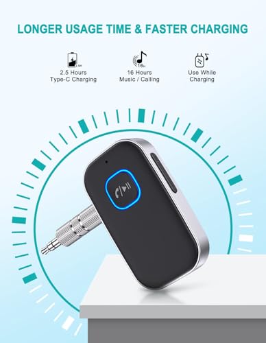WOCBUY Bluetooth Car Adapter, WOCBUY 3.5mm AUX Bluetooth Receiver for Music Streaming, Wireless Music Audio Adapter with Built-in Mic, Home Stereo, Speakers (Handsfree Car Kits, 16H Playtime)