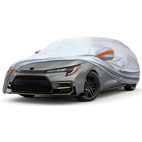 KEYOOG Car Cover, Fit for 178"-189" Length Sedan, 6-Layer All-Weather Waterproof, Universal in All Seasons, Snow Prevention, Rainproof, Acid Rainproof, Sunscreen, Orange Reflective Strip - color: Orange reflective strip, size: 2/ J-M For Sedan-Length ( 17