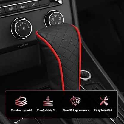 Car Leather Gear Shift Cover, Anti-Slip Dustproof Gear Shifter Stick Protector with Diamond Embroidery, Shift Knob Cover for Lever Protection, Universal for Cars,Trucks,SUVs (Red) - color: Red