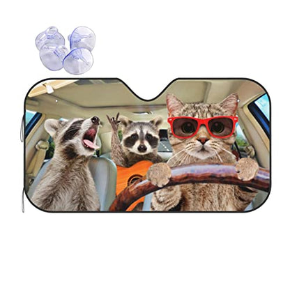 Cat with Raccoon Car Windshield Sunshade Foldable Sun Visor Front Window Sun Shade Cover for Car Truck SUV 55x29.9 Inches - color: Cat