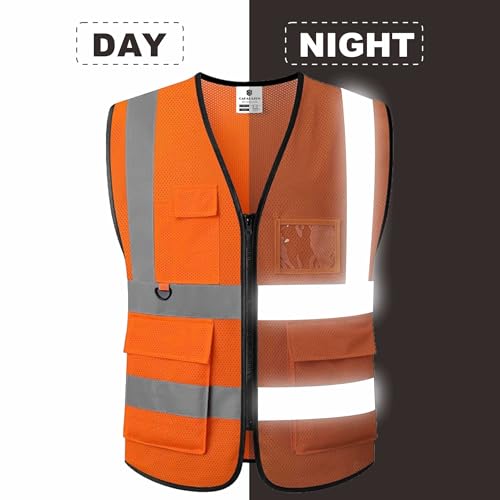 caparazon Unisex High-Visibility Reflective Safety Vest with Zippered Pockets - ANSI/ISEA Certified for Enhanced Work Safety - color: Orange