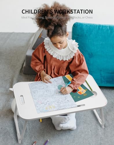 ZEAPTAC Laptop Bed Desk, Foldable Lap Desk, Portable Lap Table, Laptop Stand with Cup Holder & Tablet Slot & Lifting Handle for Working Writing Drawing & Eating - White - color: White