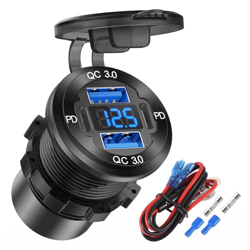 Upgraded 4 Port 12V USB Outlet Aluminum Charger, 78W Dual PD & QC Multiple USB Port for Car, USB C Cigarette Lighter Replacement 12 Volt Socket with Voltmeter Waterproof for Marine Boat Motorcycle RV - color: pack of one