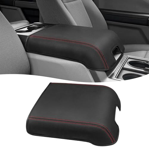 Center Console Cover for 2015-2020 F150 Accessories, F250 F350 F450 2017-2022, Expedition 2018-2024, PU Leather Middle Armrest Cusion Protector, Bucket Seat Only, Anti-Scratch, Black-Red Stitch - size: Bucket Seat, 17-22 F250-F450, red stitch