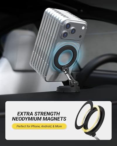 Scosche MagSafe Car Mount, Magnetic Phone Holder for Car Dashboard with Foldable Arm and 360° Swivel Adhesive Base, Secure Car Phone Mount for iPhone 17/16/15/14/13, Compatible with PopSockets
