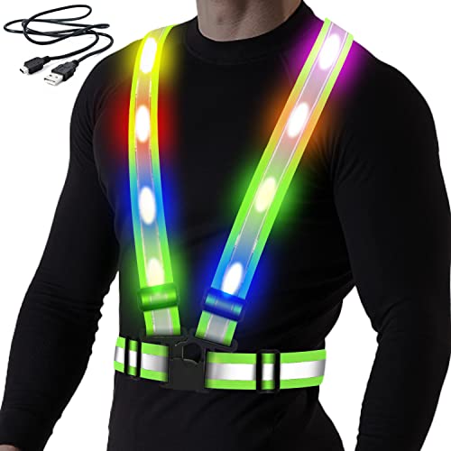 LED Reflective Vest, USB Rechargeable Reflective Running Gear with Safety Lights and Adjustable Size Elastic Band Night Vest Gear Accessories for Men Women Kids - color: Colorful Lights