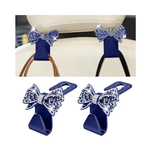 Zpana Bling Car Headreat Hook, 2PCS Crystal Rhinestone Cute Bow Vehicle Seat Back Hanger Storage for Purses Bags Grocery, Diamond Auto Rear Seat Organizer, Universal for SUV Truck Sedan (Blue) - style: Blue/2PCS