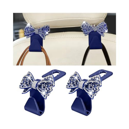 Zpana Bling Car Headreat Hook, 2PCS Crystal Rhinestone Cute Bow Vehicle Seat Back Hanger Storage for Purses Bags Grocery, Diamond Auto Rear Seat Organizer, Universal for SUV Truck Sedan (Blue) - style: Blue/2PCS