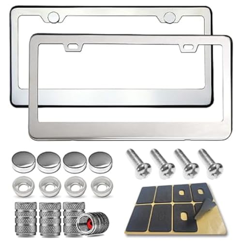 BGGTMO Stainless Steel License Plate Frames- Heavy Duty Metal Car Tag Cover for Front & Rear, 2 Pack Slim Holders with Chrome Screws Caps for Women/Men, Rust/Rattle Proof Pads, Tire Valve Stem Caps - color: Stainless Steel-2 Hole