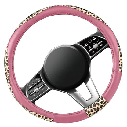 Road Comforts Steering Wheel Cover - Made with PVC Leather and Leopard Fabric - Universal 14 1/2 inches to 15 inches for Most Automotive Steering Wheel - Cheetah Print -Pink - color: Round-Pink