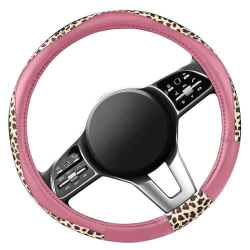 Road Comforts Steering Wheel Cover - Made with PVC Leather and Leopard Fabric - Universal 14 1/2 inches to 15 inches for Most Automotive Steering Wheel - Cheetah Print -Pink - color: Round-Pink