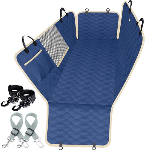 Lassie Dog Car Seat Covers for Back Seat with 2 Seat Belts, Waterproof Dog Car Hammock with Mesh Window Durable Scratch Proof Nonslip Pet Carseat Covers Universal Fit Protector for Cars, Trucks & SUVs - color: Blue, size: Standard