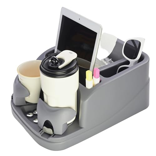 Car Console Organizer, Car Seat Organizer with 2 Adjustable Cup Holders, Center Console for Cars, Trucks, Minivans, SUVs, Vehicle Organizer, 3 Large Storage Compartment (Gray) - color: Gray