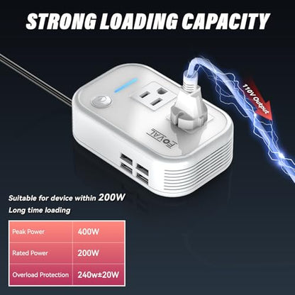 200W Car Power Inverter, FOVAL 12V DC to 110V AC Car Inverte with 4 USB Ports Car Outlet Adapter, Power Inverter for Vehicles, Car Plug Adapter Outlet for Laptop Computer Charger (White) - color: White