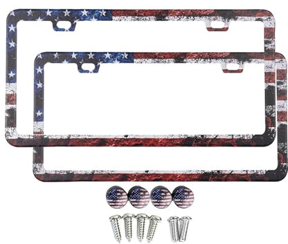 2 Pack License Plate Frames (USA American Flag Design) - Stainless Steel License Plate Frame with Screws Fasteners Caps (Rustic) - style: Rustic