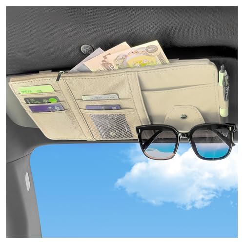 Car Visor Organizer with Sunglass Holder,Multi-Functional Car Sun Visor Organizer with Zipper for Cards,Money,Tickets,Leather Interior Accessories (Beige) - color: Beige
