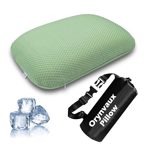 Cooling Camping Pillow, Memory Foam Travel Pillow with Adjustable Buckle Strap & Storage Bag, Compact Small Pillow for Airplane, Car Lumbar, Office, Washable Cooling Cover, Canopy Green - color: Canopy Green, size: S-14.9*10.2*3.6in