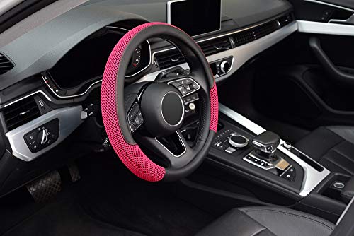 KAFEEK 15 inch Steering Wheel Cover, Cooling Ice Silk Mesh with Microfiber Leather, Heat Resistant, Breathable, Anti-Slip, Summer Cool, Universal Fit, Black & Red - color: red, size: Standard Size[14.5"-15"]