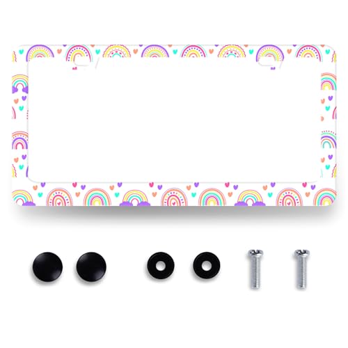 Cute Boho Rainbow License Plate Frame Colorful License Plate Holder for Front and Rear Car Tags Stainless Steel Funny License Plate Car Decoration with Screws 12.2" x 6.2" - color: Cute Boho Rainbow