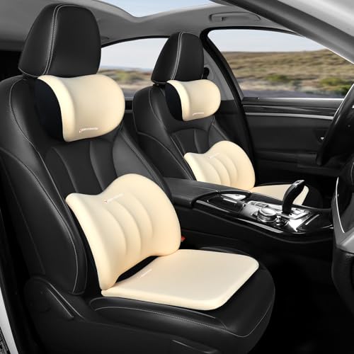 Car Seat Cushion with Neck Pillow & Lumbar Support Back Sciatica Tailbone Pain Relief Car Pillows Ergonomic Memory Foam Back Support for Driving Seat Office Chair Wheelchair 3 Pcs Beige - color: Seat Cushion ＆ Lumbar Pillow ＆neck Pillow-beige